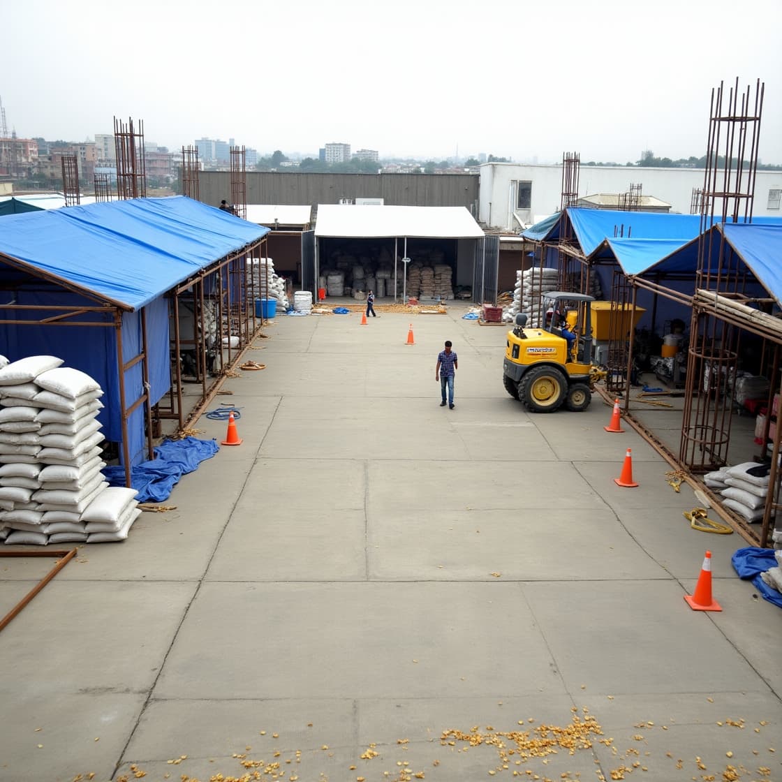 Concrete curing process showing water curing method on a freshly poured slab